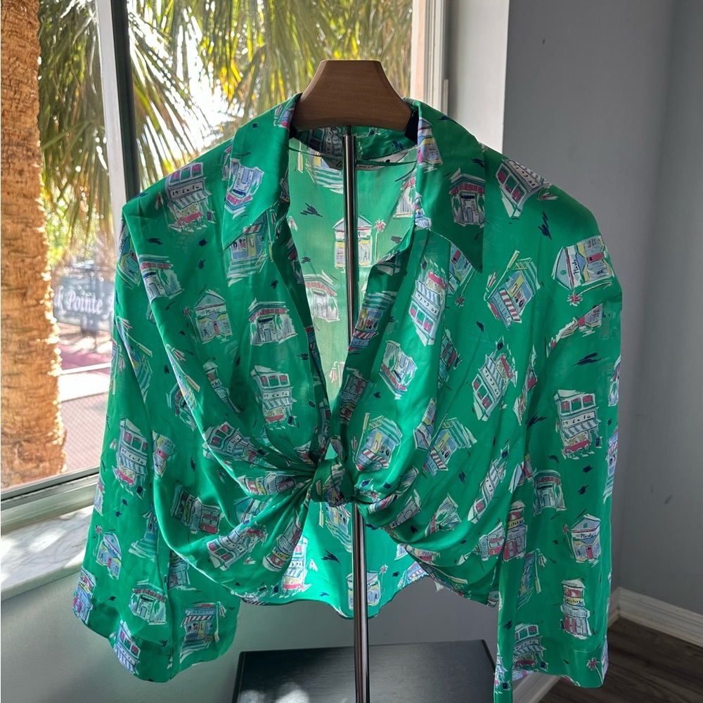 Zara Green Printed Tie-Front Blouse